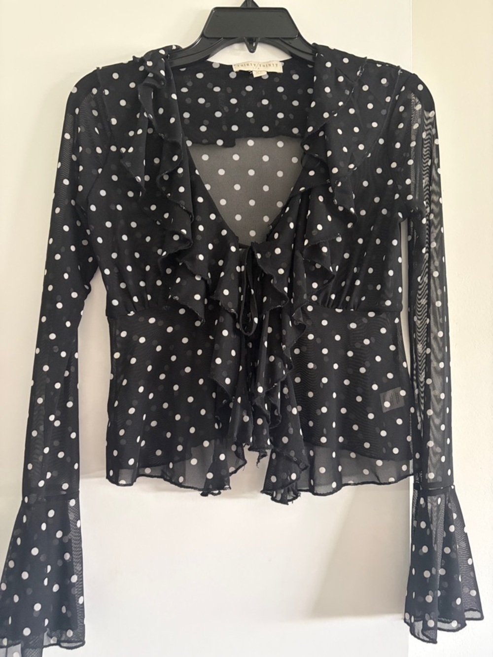 Black & White Mesh Polka Dot Ruffle Tie Blouse